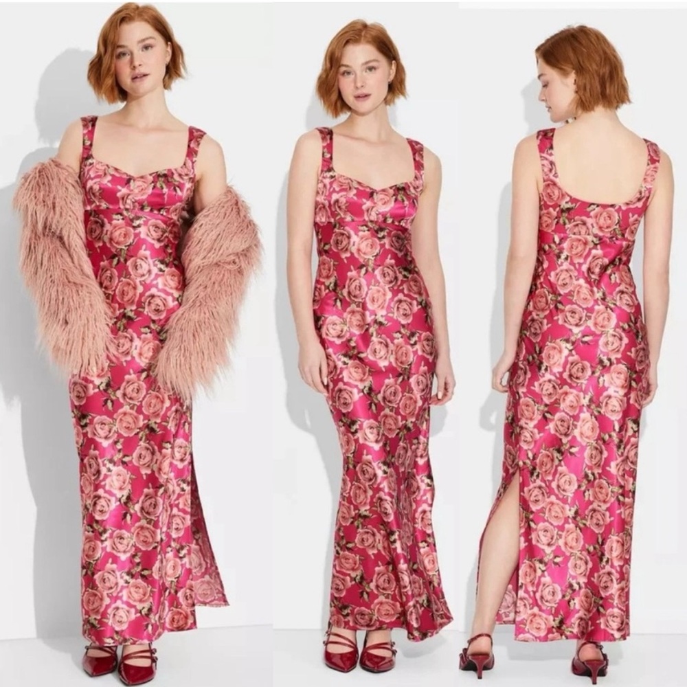 Wild Fable Satin Floral Pink Maxi Dress with slit